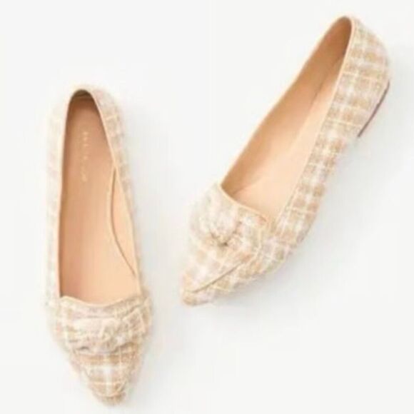 Ann Taylor Shoes - ANN TAYLOR | Textile Upper Plaid Off White Tan Bow Loafers Tweed Flats | 8.5